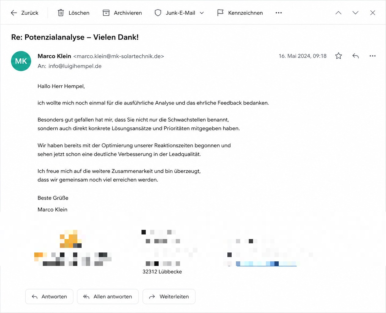 Rückmeldung von Marco Klein, Geschäftsführer MK Solartechnik GmbH